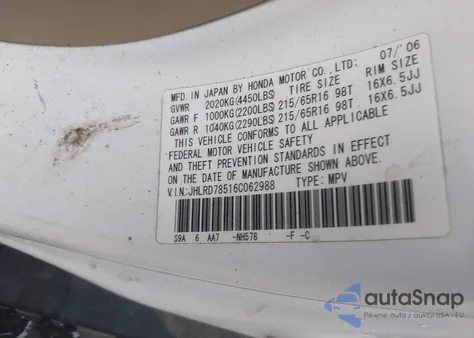 2006 Honda Cr-V Lx z USA, uszkodzony, nr VIN JHLRD78516C062988